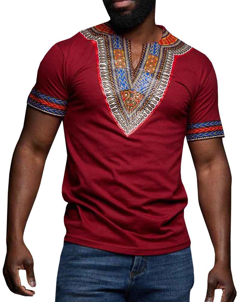

2019 Summer African Dashiki Shirt Male Short Sleeve Round Neck Hip Hop Blouse Red Black Slim T-Shirt Top For Men Plus Size -XXL