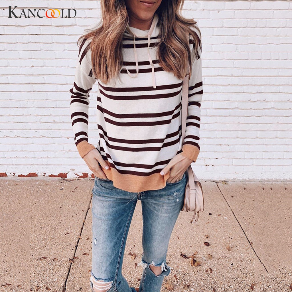 

KANCOOLD sweater Women' Winter Stitching High-Collar Wool Sweater Top striped Casual Fashion new women 2019jul26, White