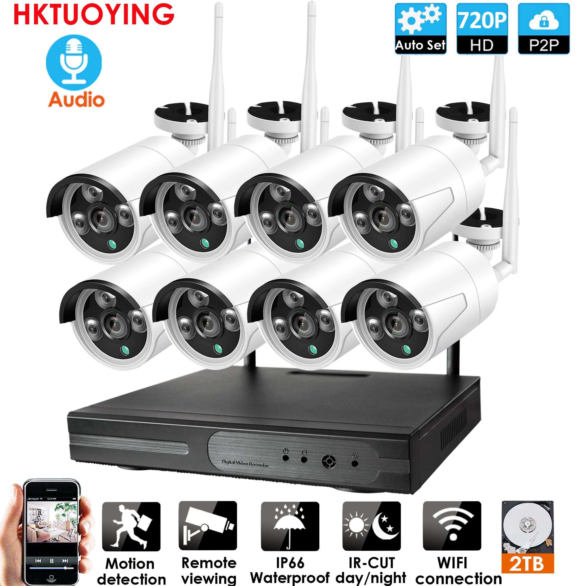 

8CH Audio CCTV System Wireless 720P NVR 8PCS 2.0MP IR Outdoor P2P Wifi IP CCTV Security Camera System Surveillance Kit