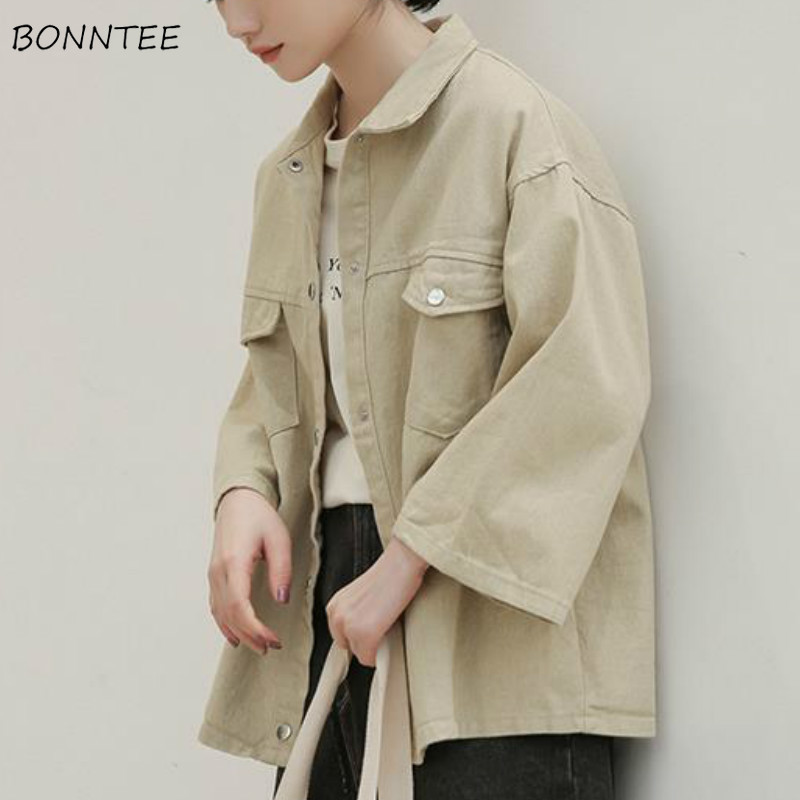 

Jackets Women Solid Pocket Spring Girls Three Quarter Sleeve Casual Cargo Jacket Ulzzang BF Loose Retro Students Oversize Sweet, Khaki
