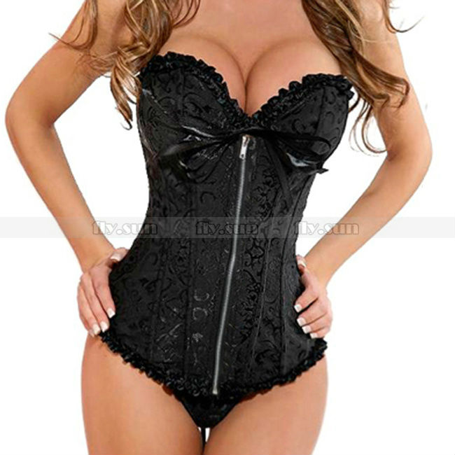 

Wholesale-Classic Black Brocade Corset Zip Front Lace up Bustier Top Sexy Lingerie Shaper  M L XL 2XL, As pic