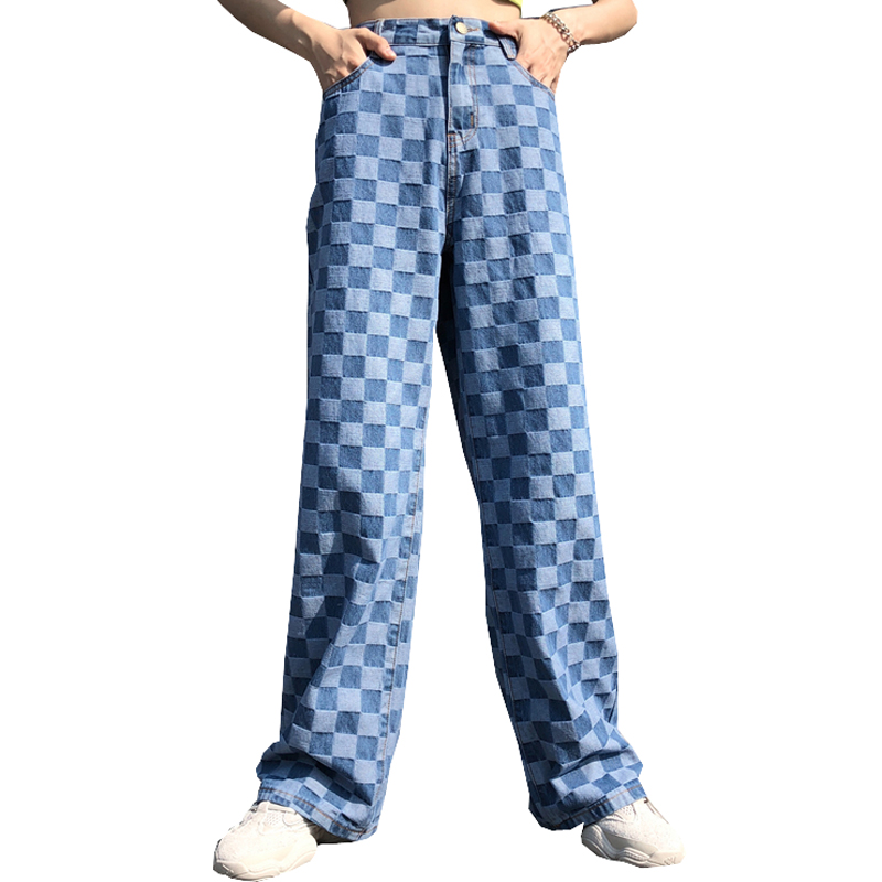 

New Cotton Jeans Women 2019 Ins Harajuku Checkerboard Plaid Jeans Loose Plaid Trousers Vintage Color Matching Female Pants, Blue