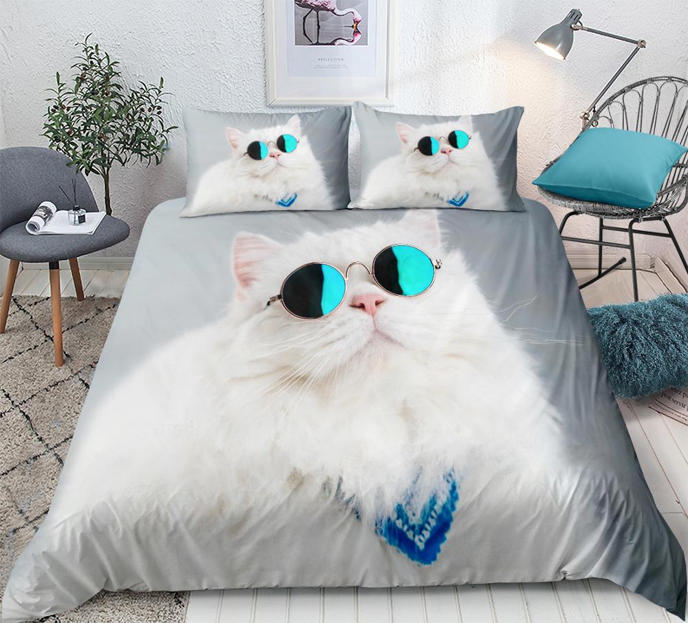 

White cat Bedding Set 3D lifelike Duvet Cover With Pillowcases Cute Animal Cat Bed Set 3-Piece Bedclothes, Light green