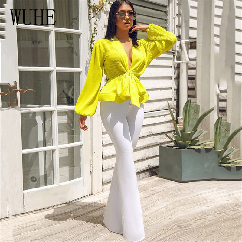 

WUHE Sexy Hollow Out Deep V Neck Casual Office Pleated Shirt Elegant Bodycon Bandage Lace-up Chiffon Blouses Blusas Feminina, White