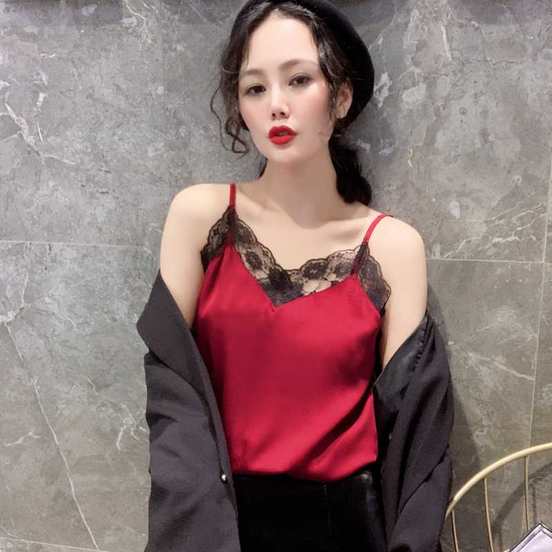 

Red Sexy tops Lace Crop Top Women Short Sleeve Camisole Crop Top Female Loose Casual Tank sleeveless camis clubbing, Black