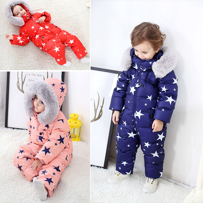 

-30 Russian New born Winter Snowsuit fur Hooded warm boy Waterproof down jacket for baby girl clothes1-4 years Romper snow wear, Red