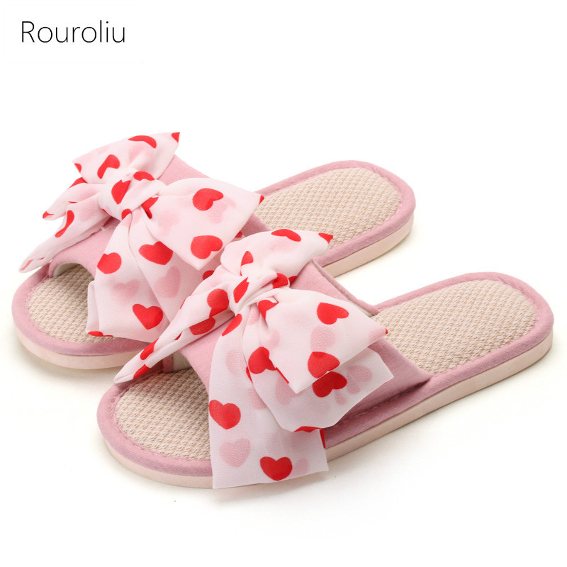 

Rouroliu 2020 Women Bowknot Linen Flip Flops Summer New Breathable Indoor Fabric Slippers Flat Home Shoes, Beige