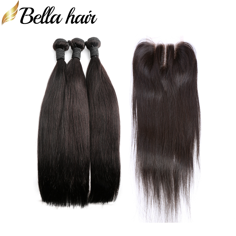 

Straight Peruvian Virgin Hair Bundles with Closure 3 Part 4x4 Lace Closures Unprocessed Human Hair Weft Extensions Bellahair, Natural color