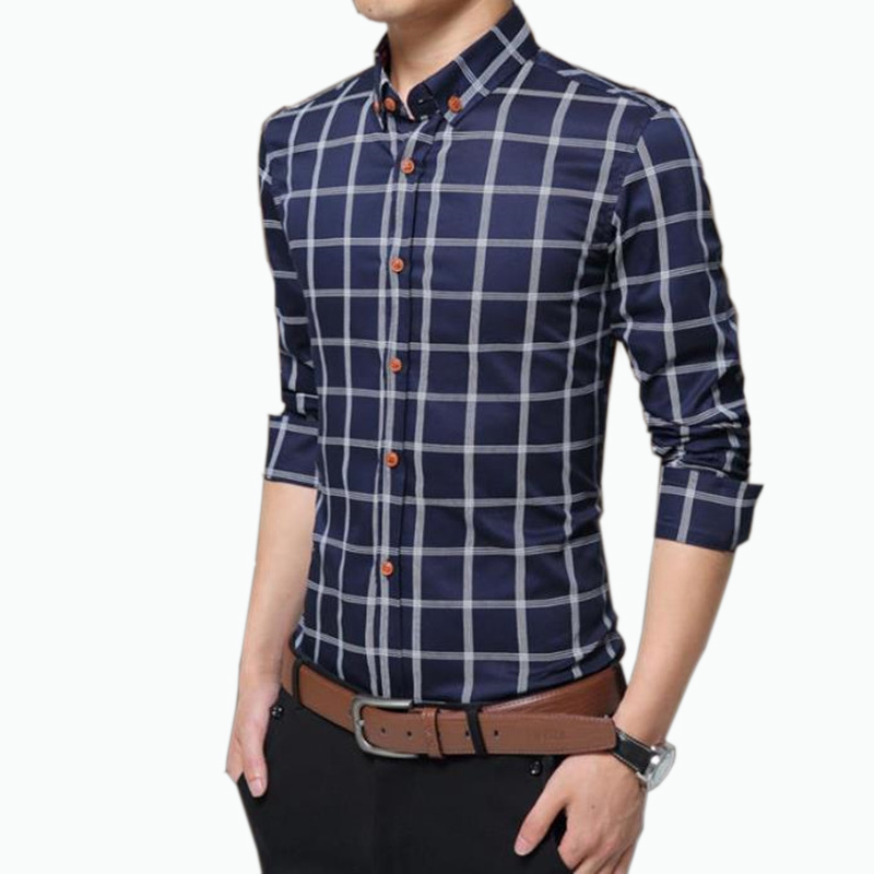 

New Checkered Shirt Men Casual Fashion Long Sleeves Slim Shirt Men High Quality Cotton Clothing, White