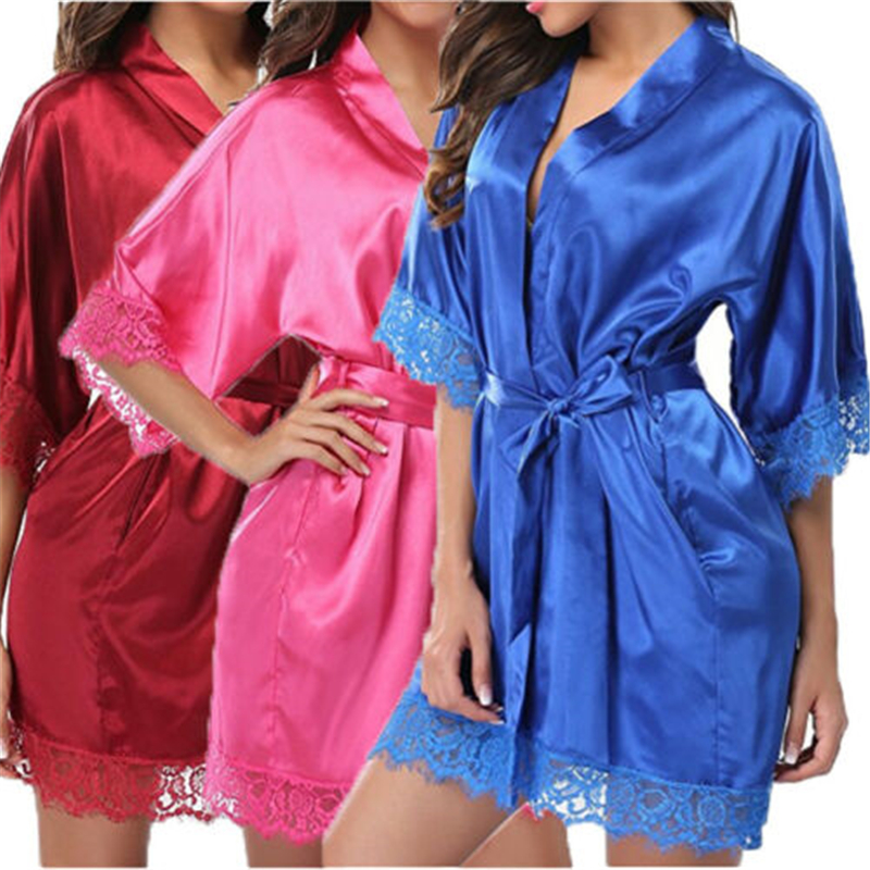 

2019 Summer Sexy Women's Ladies Bride Robes Kimono Robe Satin Silk Lace Night Wear Gown Sleepwear, Black