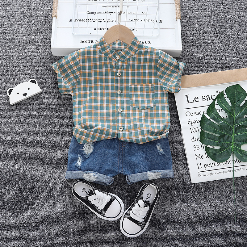 

2020 Summer Fashion Korean Plaid T Shirt+Denim 2 Pics Baby Kids Boys Clothes Outsuit Toddler Clothing Set For Boy, Brown