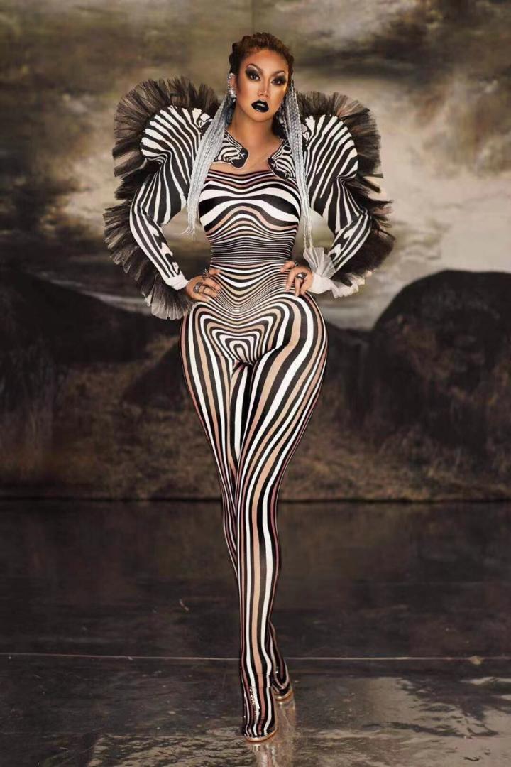 

New Style Zebra Pattern Jumpsuit Women Singer Sexy Stage Outfit Bar DS Dance Cosplay Bodysuit Costume Prom Clothes, As pic