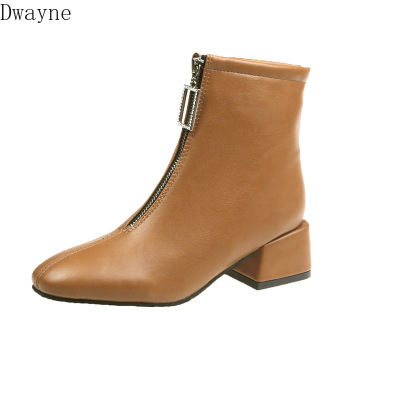 

2020 autumn and winter new women's shoes Korean short boots front zipper thick heel high heel square head British style riding b, Orange