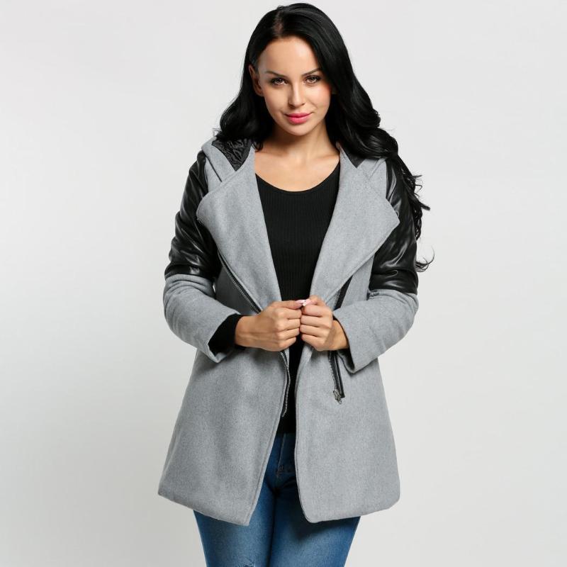 

Ekouaer Women Fashion Hooded Lapel Long Sleeve Patchwork Winter Casual Zip-up Outwear Trenchcoat Fashion Casual Coat, Gray
