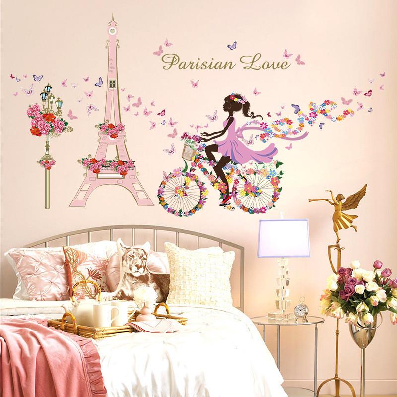 

Romantic Paris Wall Sticker For Kids Rooms Eiffel Tower Flower Butterfly Fairy Girl Riding Wall Art Decal Home Decor Mural