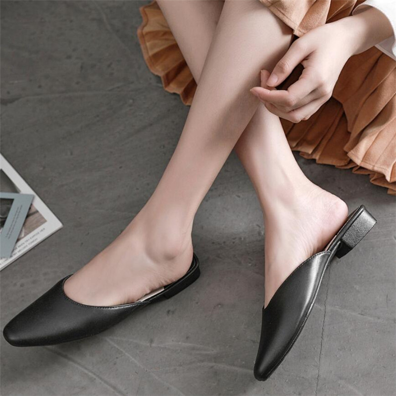 

Women Pointed Toe Mules Shoes Female Low Block Heel Casual Shoes 2020 Summer Ladies Elegant PU Leather Holiday Slippers Sandals #25, Black