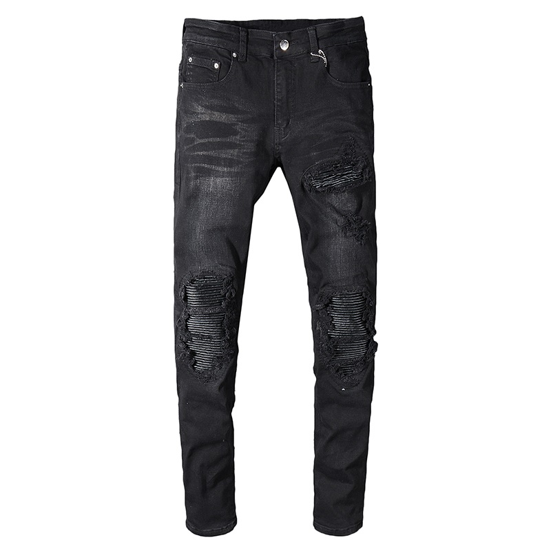 

Men's Black PU Leather Pleated Patchwork Biker Jeans for Motorcycle Slim Ripped Stretch Skinny Denim Pants Plus Size 28-42, 575 black