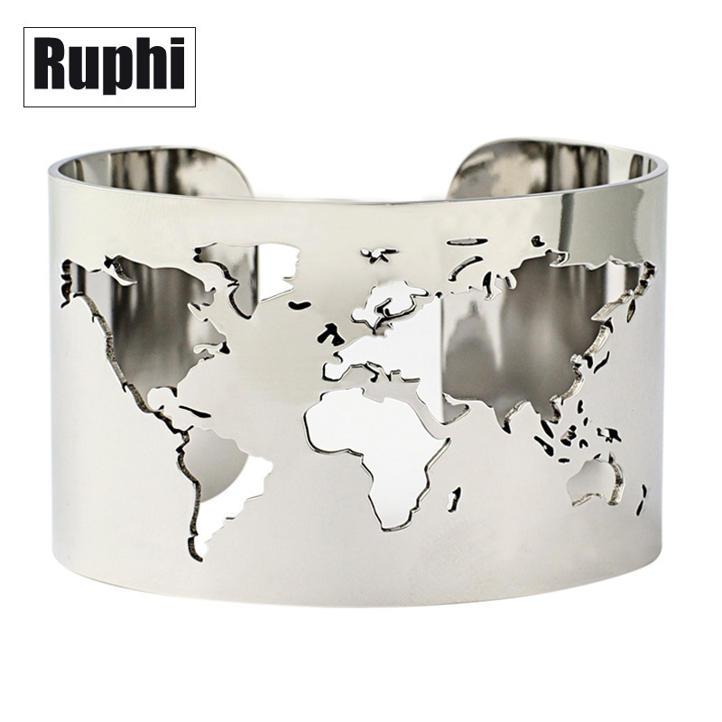 

World Map Cut-out Cuff Bangle Bracelet Travel Peace Jewelry Stainless Steel 40mm Wide Laser Engraving Fine Polished Circle Angle J190719, Black