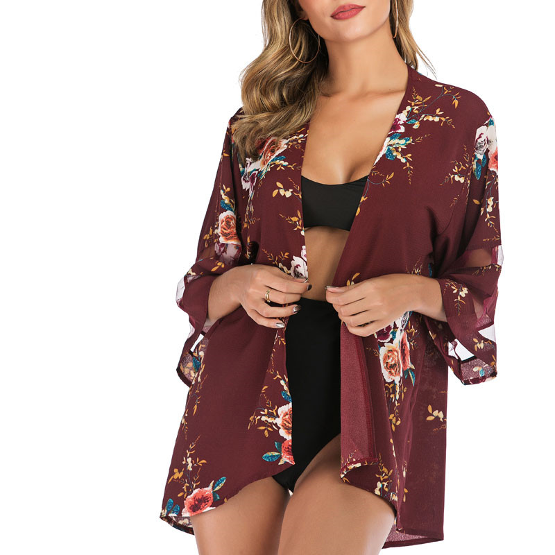 

2020 Summer Women Beach Swim Cover-Ups Floral Printed Summer Chiffon Bikinis Cover Mesh Patchwork Beach Outwear