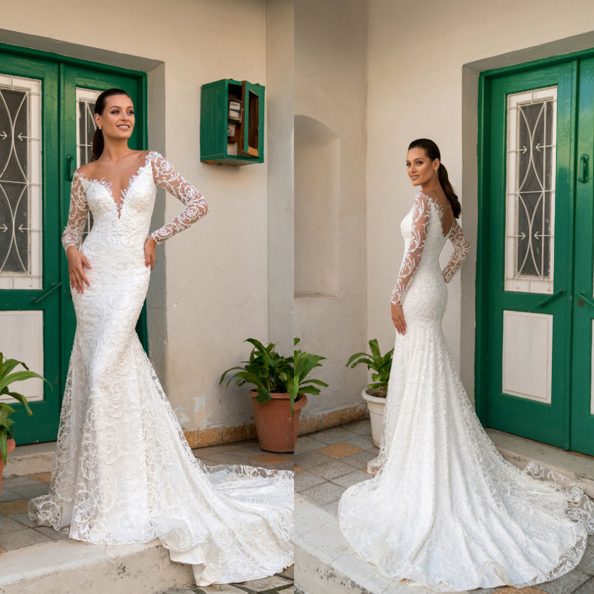 

2021 Mermaid Wedding Dresses Long Sleeves Lace Appliques Beads Bridal Gowns Custom Made Hollow Back Sweep Train Beach Robe De Soiree, Gold