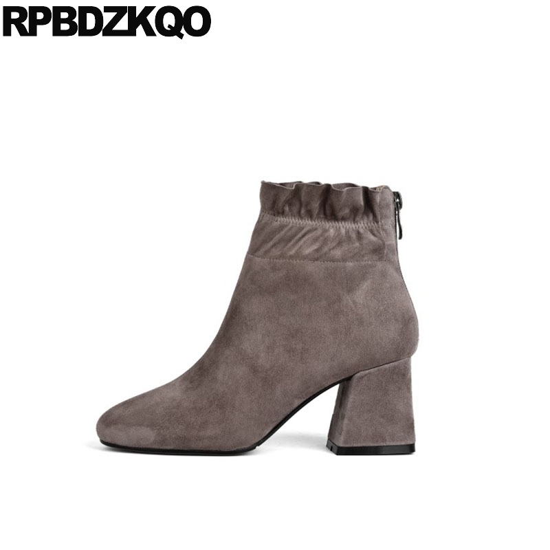 

new shoes women 2019 sheepskin ankle square toe chunky block genuine leather high heel gray quality boots suede