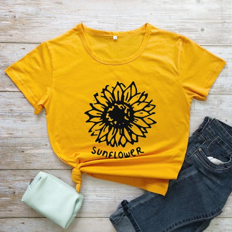 

Sunflower T-shirt Vintage Botanical shirts Vangan tee women casual 100%cotton grunge aesthetic tee tops- yellow top, Black-white text