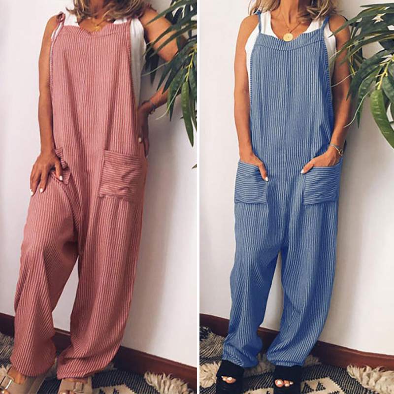 

Women' Jumpsuits & Rompers ZANZEA Women Summer Sleeveless Tunic Strip Office Playuits Pockets Loose Casual Overalls Cotton Female 5XL, Black