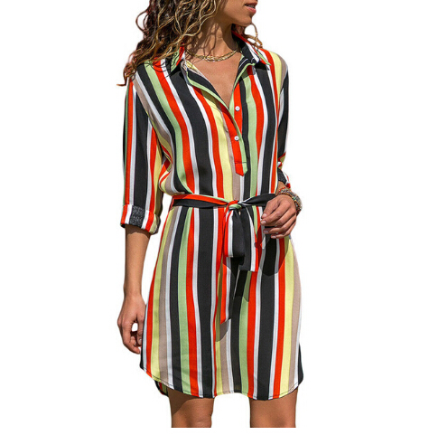 

Long Sleeve Shirt Dress 2019 Summer Chiffon Boho Beach Dresses Women Casual Striped Print A-line Mini Party Dress Vestidos