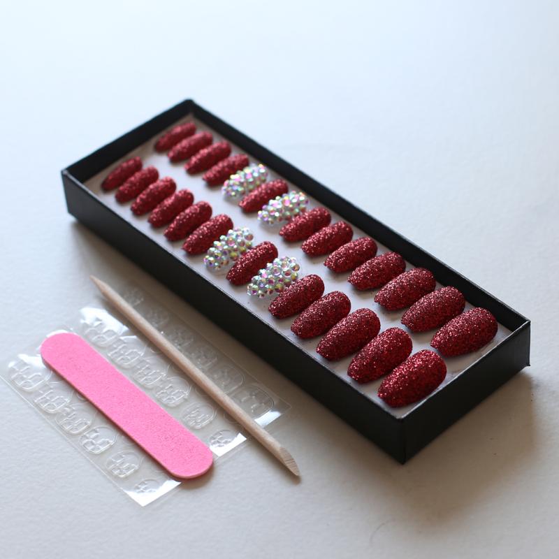 

Ballet coffin Full crystal diamond black box fake nails black glitter blue red wedding nails 28pcs Full set coffee false