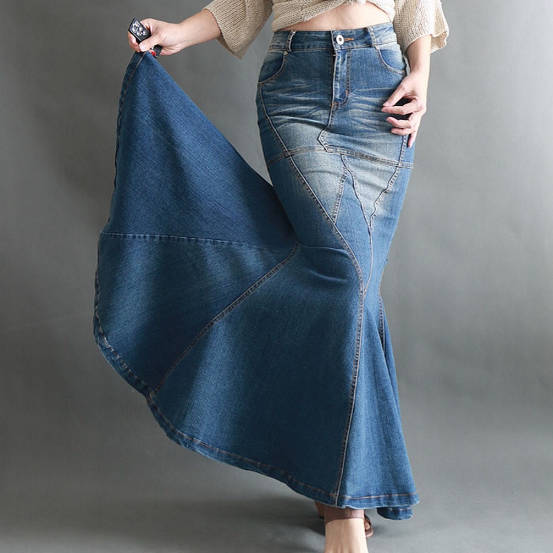 

Big Fish Tail Denim Skirt Women Long Skirt Floor-Length Patchwork Mermaid Trumpet Empire High Waist Jeans Stretchy J92792, Vintage blue skirt