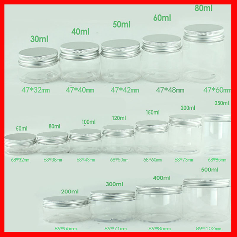 

Clear PET Jar w Aluminum Lid Empty Cosmetic Containers Plastic Pot Makeup Box 30ml 40ml 50ml 60ml 80ml 100ml 120ml 200ml 250ml