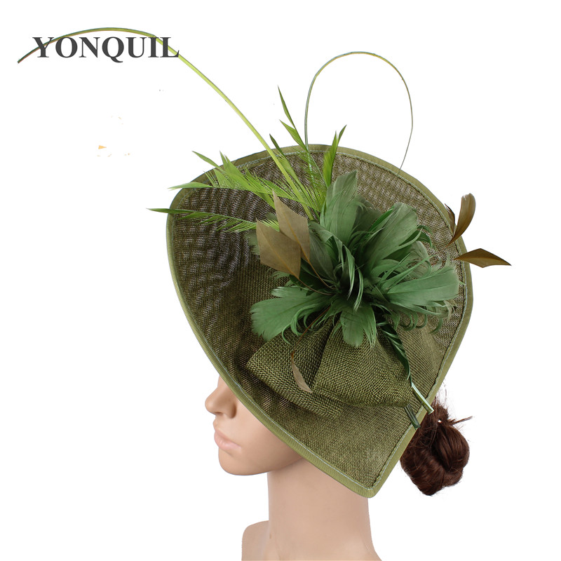 

Vintage Army green kenducky derby fascinator hair hats for elegant women wedding church occasion accessories feathers headpieces