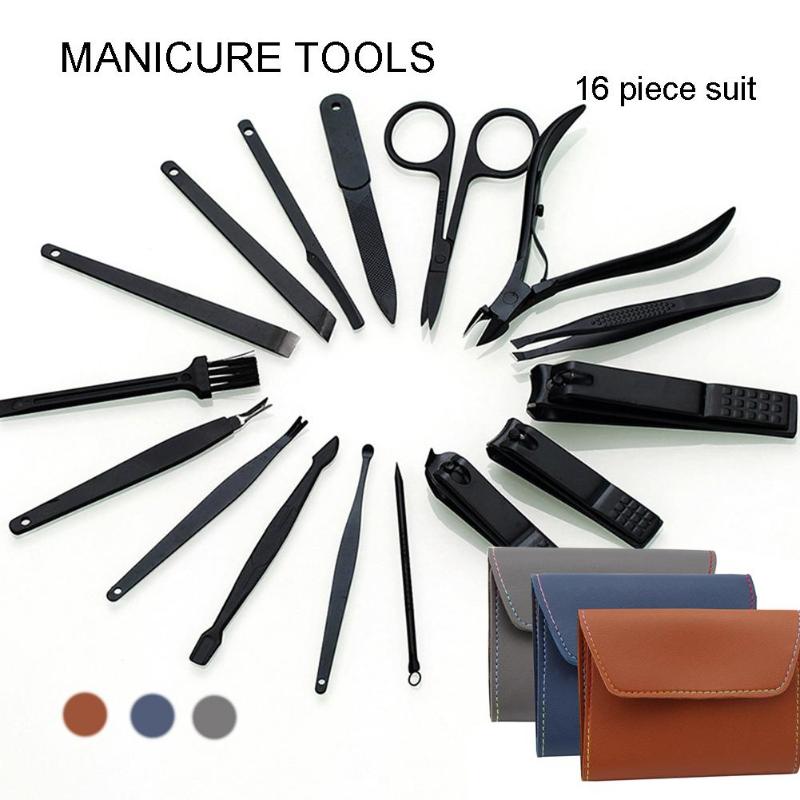 

16Pcs/Set Nail Clipper Cutter File Manicure Pedicure Tool with Faux Leather Case Manicure Set Kit Nail Art Tools