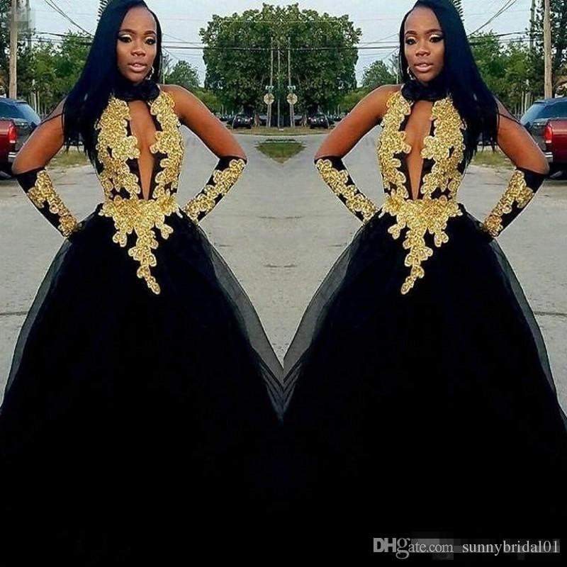 

2019 High Neck African Prom Dresses With Gold Lace Appliques A Line Formal Evening Dress Detachable Sleeves Party Gown vestido de festa, Hunter