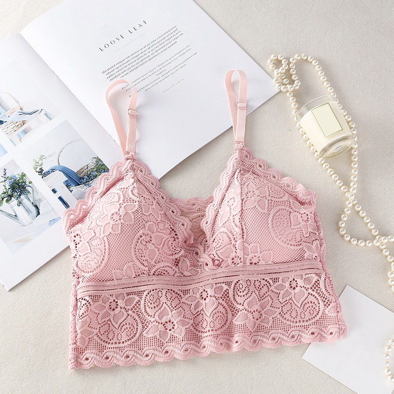 

Women Fashion Wireless Bras Padded Bralette Deep V Lace Bras Summer Crop Top Embroidery Floral Tank Top 2020