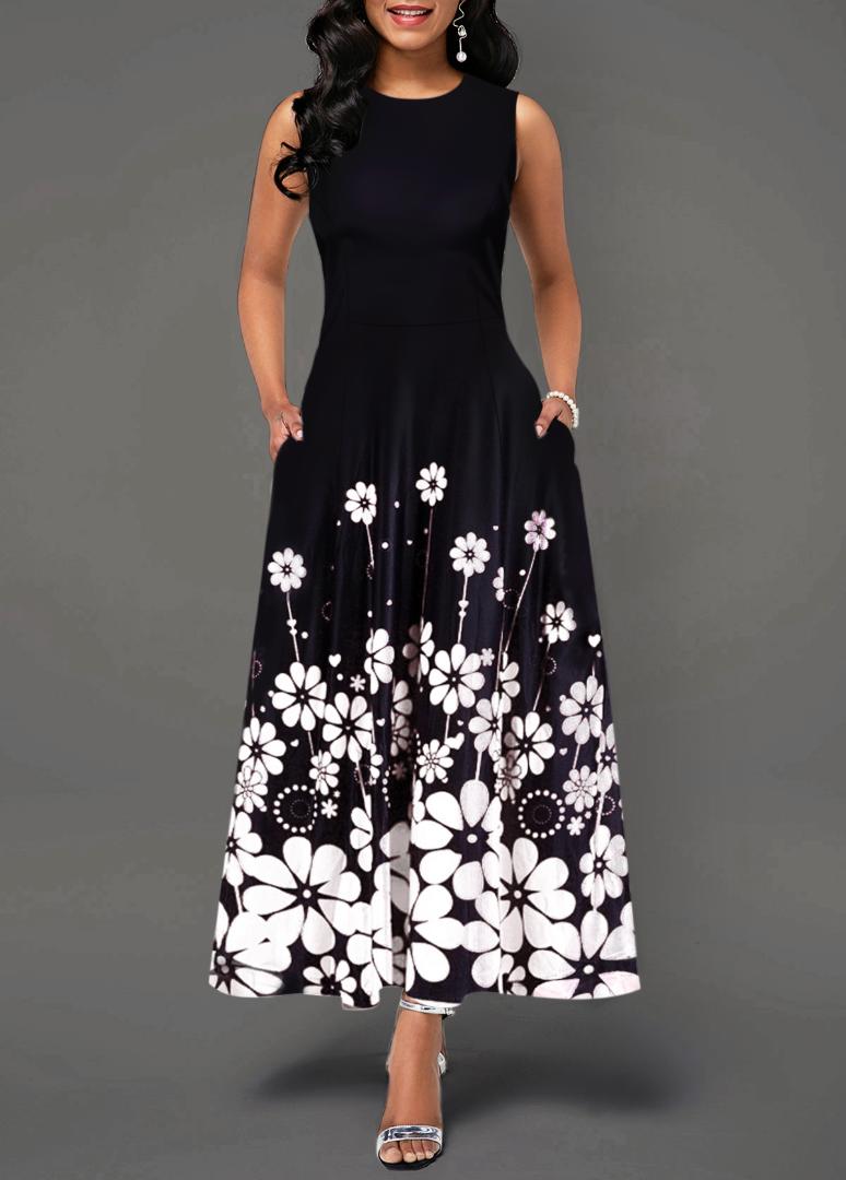 

US Summer Women Elegant Vintage A-Line Dress Tunic Long Sleeveless Floral Print Sundress Evening Party Maxi Dress, Black