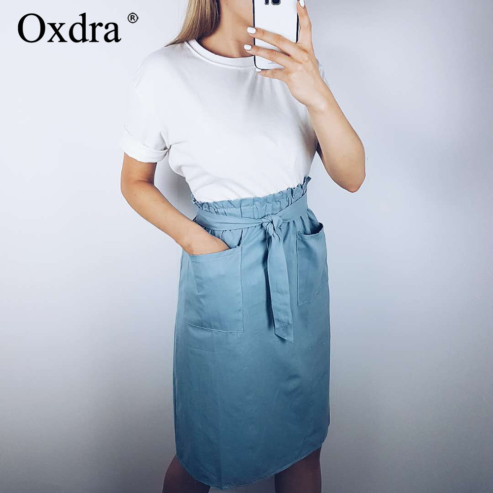 

Oxdra High Waist Lace up Skirts Big Pockets A-Line Casual Ladies Bottoms Stylish Female Skirts 2019 Spring Summer, Black