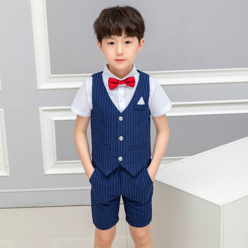 

High Quality Children Wedding Party Clothing Set School Kid Graduation Tuxedo Costume Boys Summer Formal Suit Hawaii Vest+Shorts, Blue vest shorts