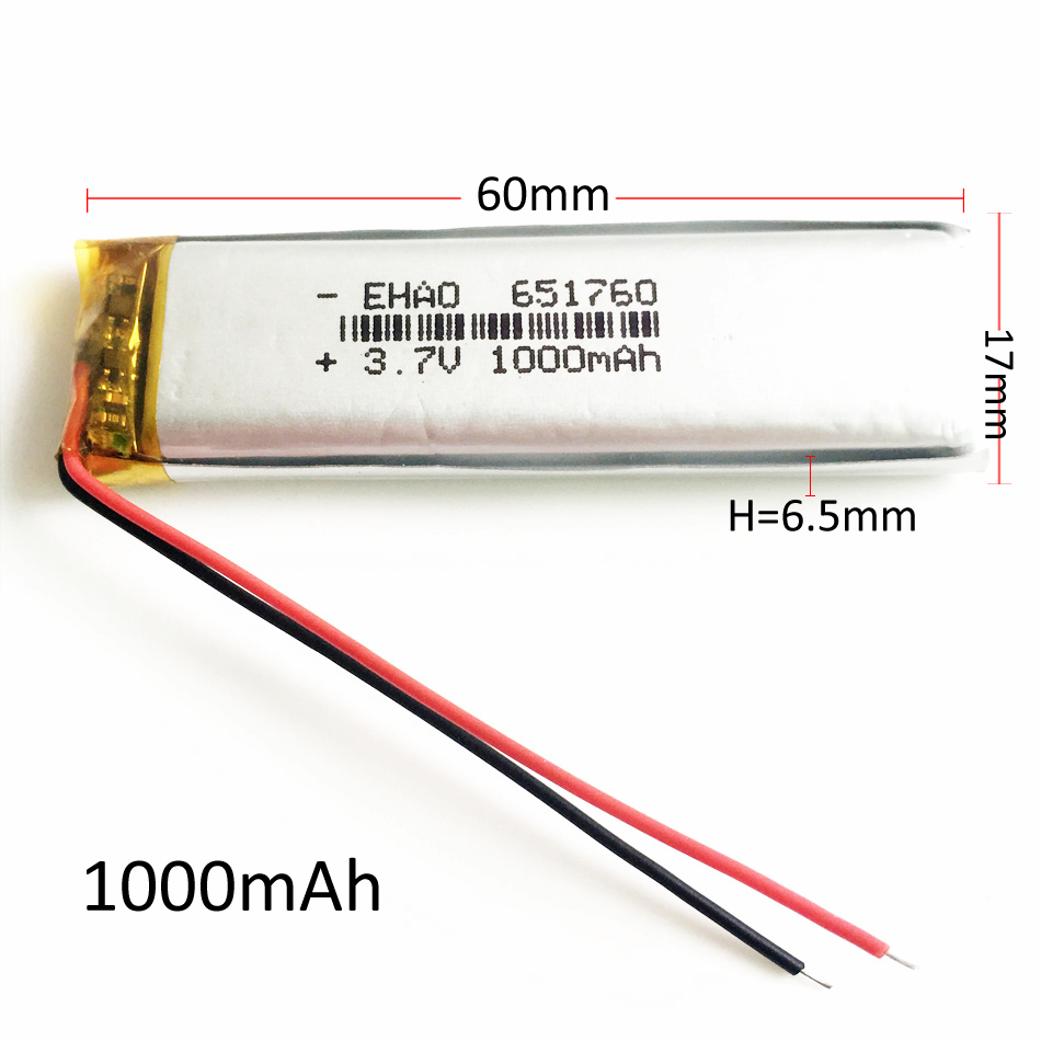 

Model 651760 3.7V 1000mAh Lithium Polymer LiPo Rechargeable Battery li ion cells For Mp3 GPS PSP Pocket E-books bluetooth RECORDER PEN DVD