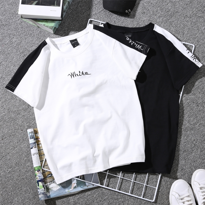 2020 Summer New Women's T-shirt White Embroidered Monophonic Female T Shirt Striped Harajuku Couple Clothes Black Tops 90s Tees T200512