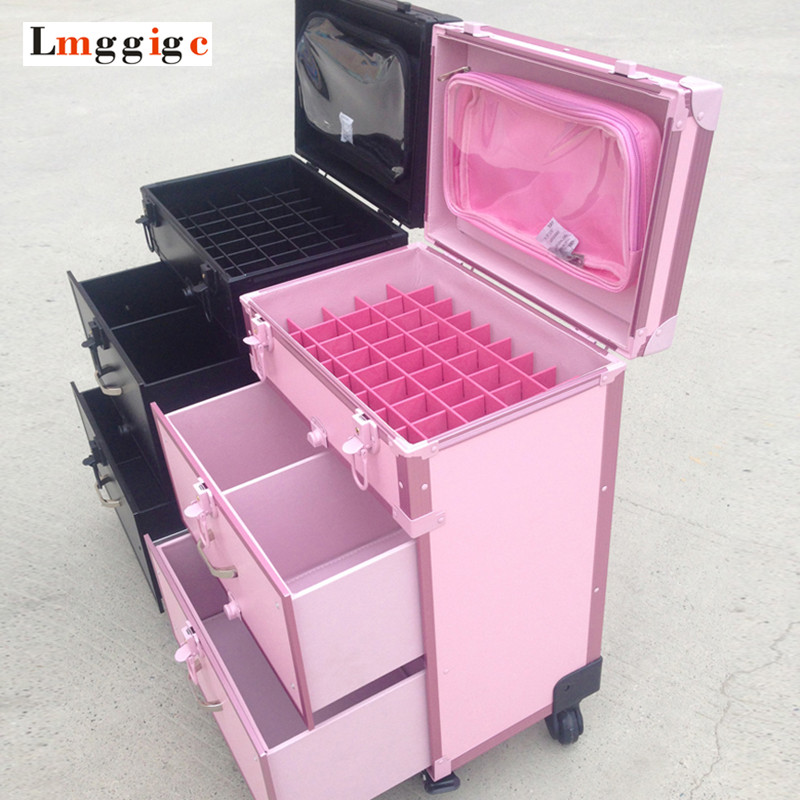 

Aluminum frame+PVC Dresser Cosmetic Case,Makeup tool Suitcase Box ,Rolling Make-up Trolley Luggage Bag, Black