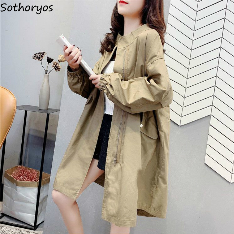 

Trench Women Solid Oversize Loose Medium Long Students Trendy Retro Casual Korean Style All-match Female Coats Chic Streetwear, Beige