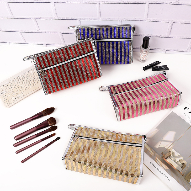

DHL 50pcs Women PU Laser Stripes Solid Large Capacity Zipper Cosmetic Bag 4Colors, Blue