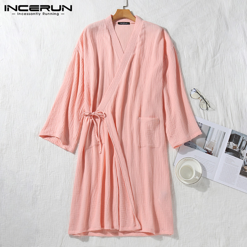 

Cotton Men Robes 3/4 Sleeve V Neck Kimono Solid Casual Japanese Sleepwear Breathable Couple Pajamas Men Bathrobes -5XL INCERUN, Gray
