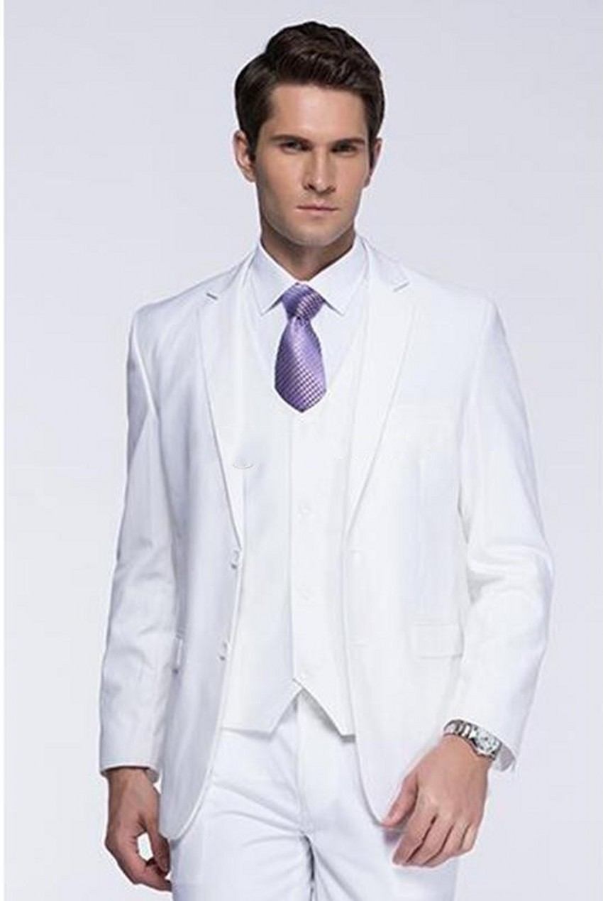 Brand New White Groom Tuxedos Notch Lapel Groomsmen Mens Wedding Dress Popular Man Jacket Blazer 3 Piece Suit(Jacket+Pants+Vest+Tie) 878