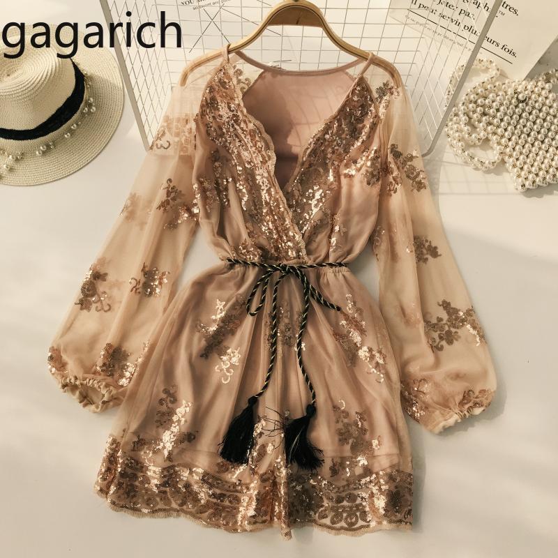 

Gagarich 2020 European Sequins Sexy Perspective Mesh Long-sleeved V-neck Embroidery High-waisted Thin Wide Shorts, Black