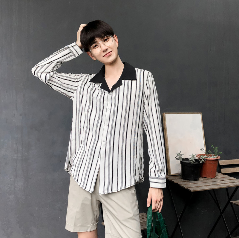 

2020 Spring And Autumn New Youth Stripe Contrasting Design Long Sleeve Shirt Fashion Casual Wild Top Black / White