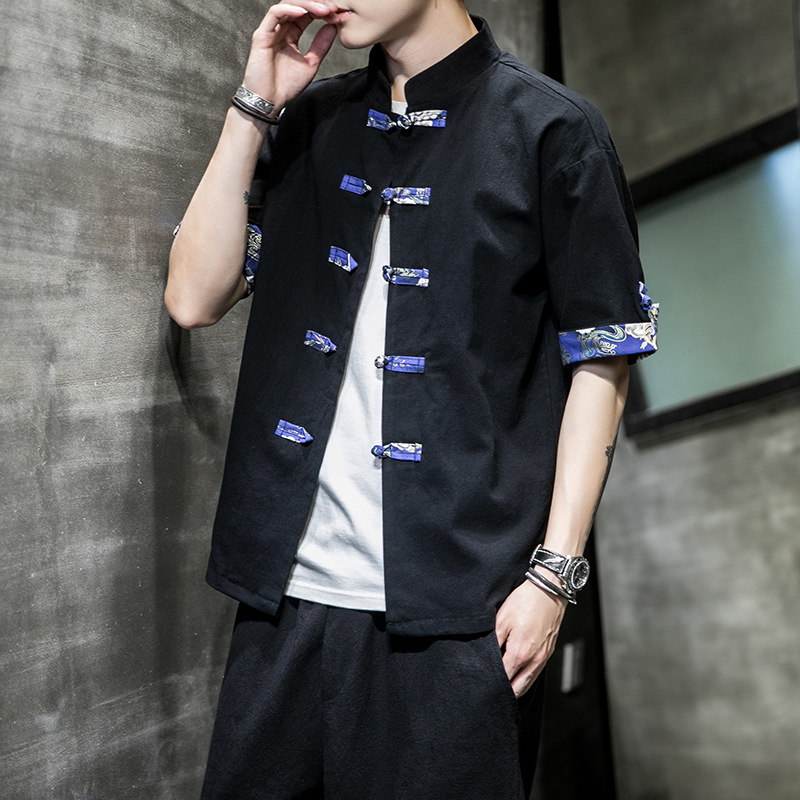 

New Summer Chinese-Style Shirt Men Summer Short Sleeve Large Size Loose Stand Collar Casual Cotton Shirs, Black
