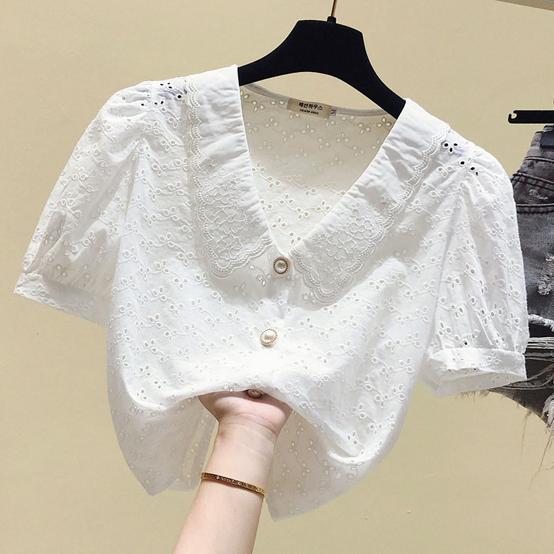 

Fashion house will square collar blouse in new fashionable western style hollow out of bud silk women with short sleeves, Black