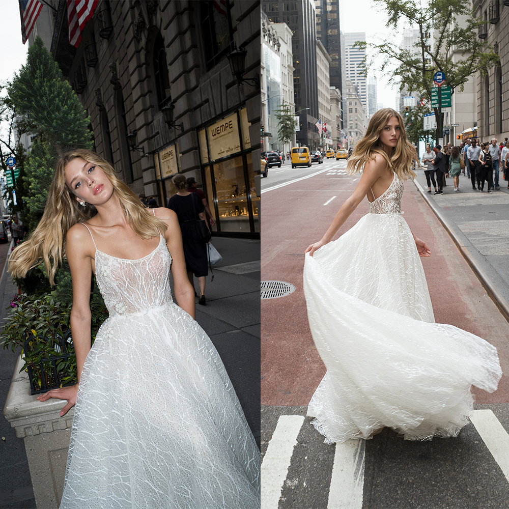 

Netta Benshabu A Line Wedding Dress Applique Spaghetti Sequins Beads Wedding Dresses Sweep Train Bohemian Bridal Gowns, Chocolate